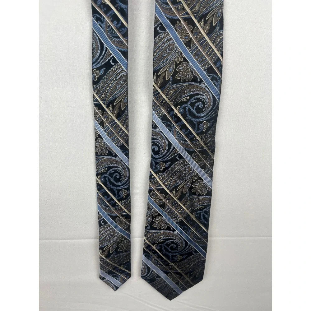 Pronto Uomo Couture Silk Tie Mens Paisley Floral Striped Blue Brown 100% Silk
